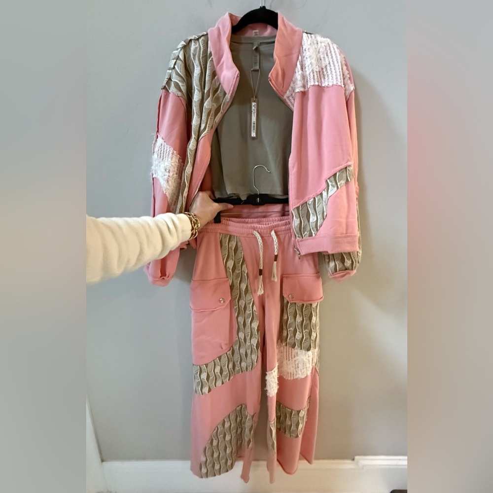 POL 2 piece Outfit, Pink, Cream, and Green Bomber Jacket and Pant, Size Medium - Picture 3 of 16